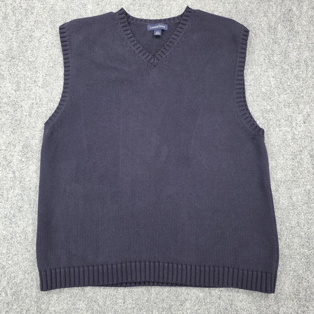 Vintage Lands End Sweater Vest Mens Large Blue Navy V Neck Knit Pullover Casual